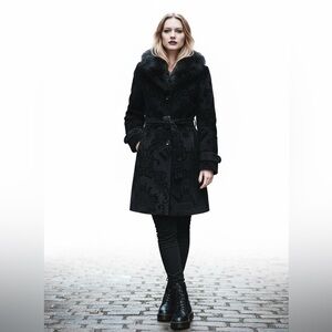 Black Textured Faux Fur Collar Trench Coat